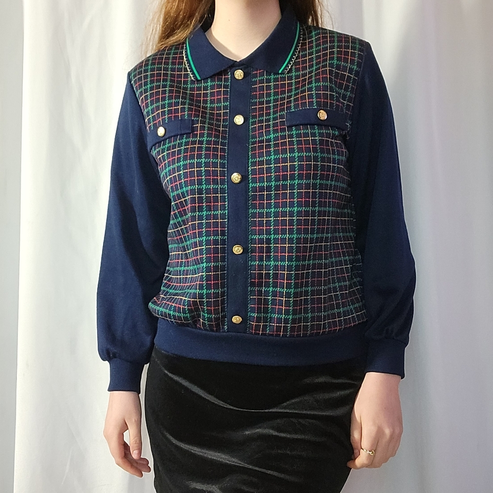 80s Cricket Lane Plad Holiday Longsleeve Collared Shirt with Shoulder Pads